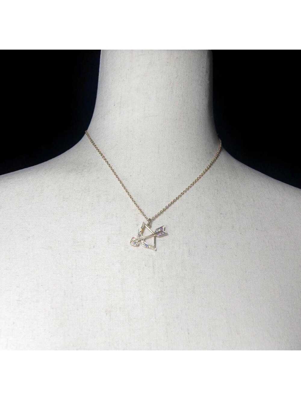 Vintage Gold Tone and AB Rhinestones Cupid's Bow and Arrow Pendant Necklace.
